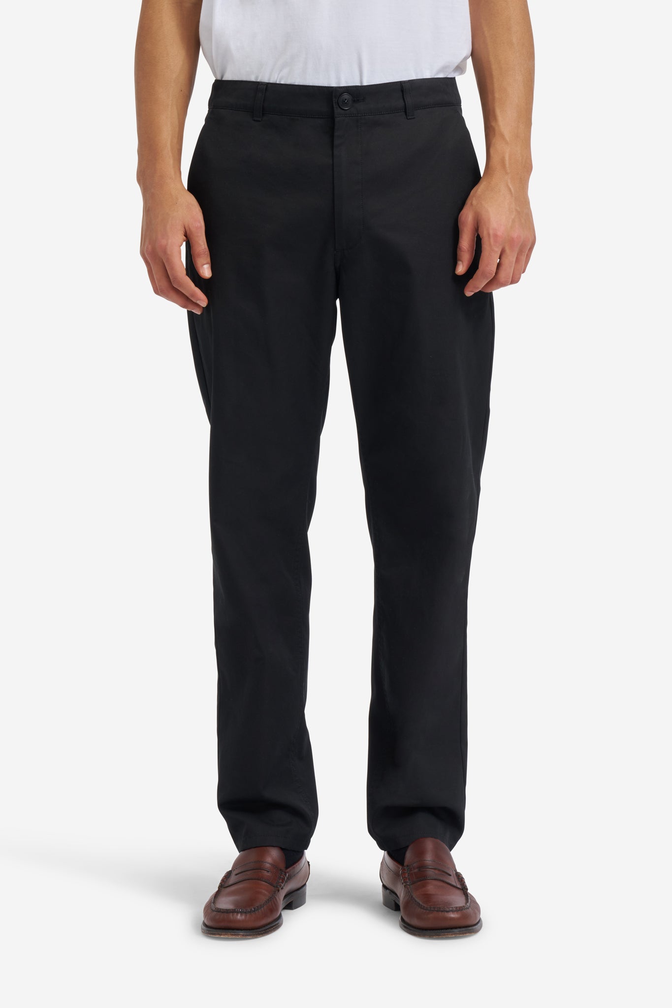 Men's long-pants, organic cotton twill, washed black, flat front, side pockets, button-up box back pockets.