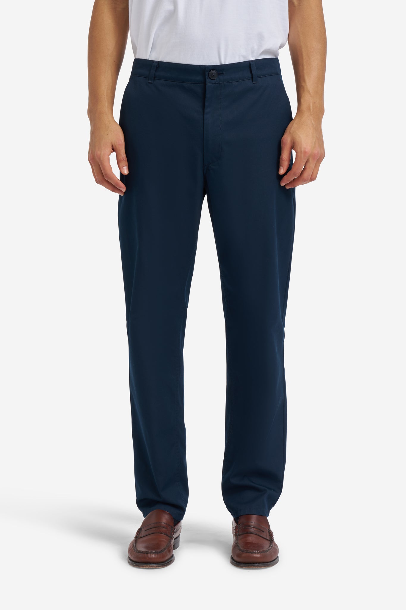 Men's long-pants, organic cotton twill, washed navy, with flat front and side pockets.