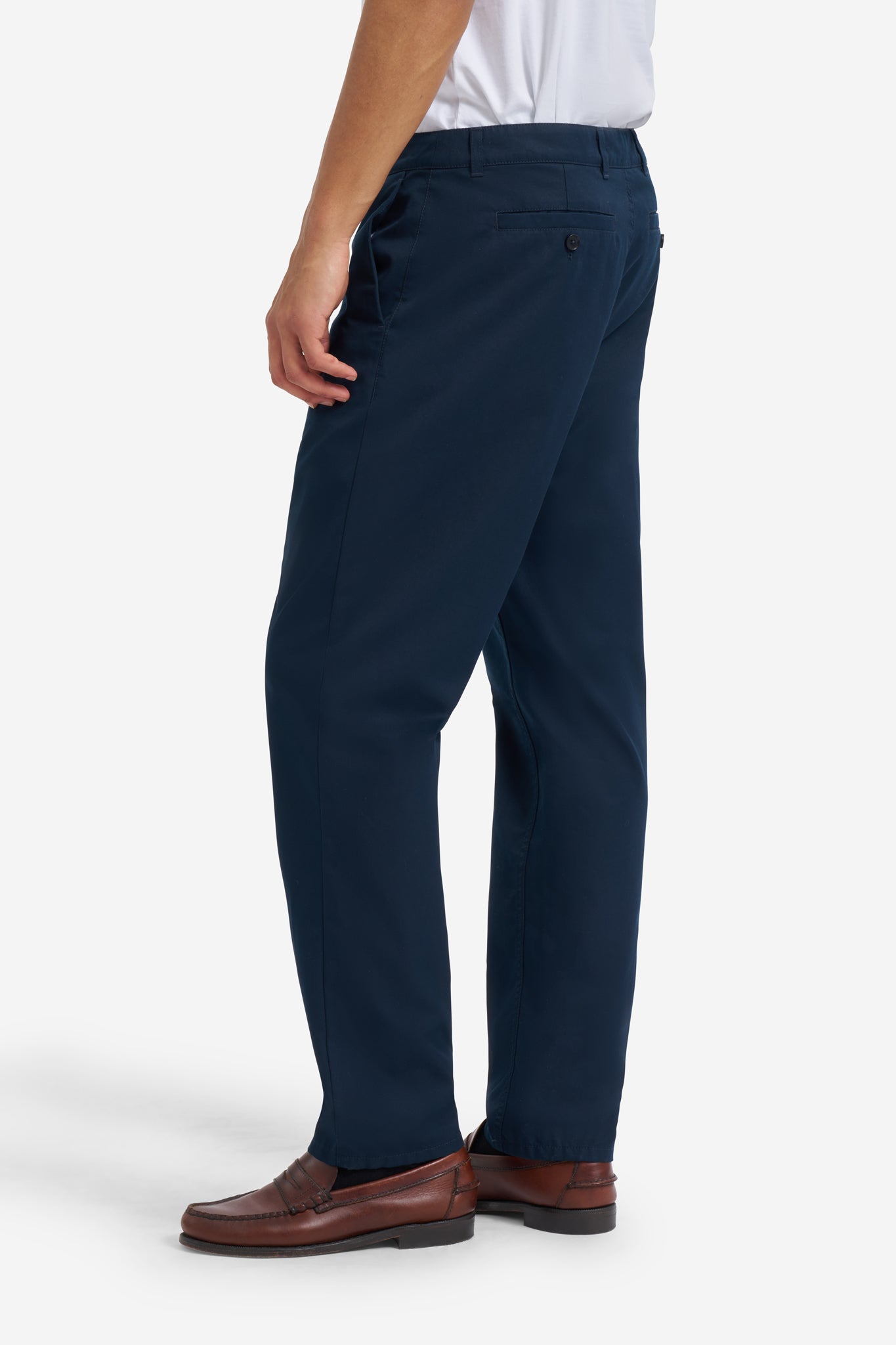 Men's long-pants, organic cotton twill, washed navy, with side and button-up back pockets.