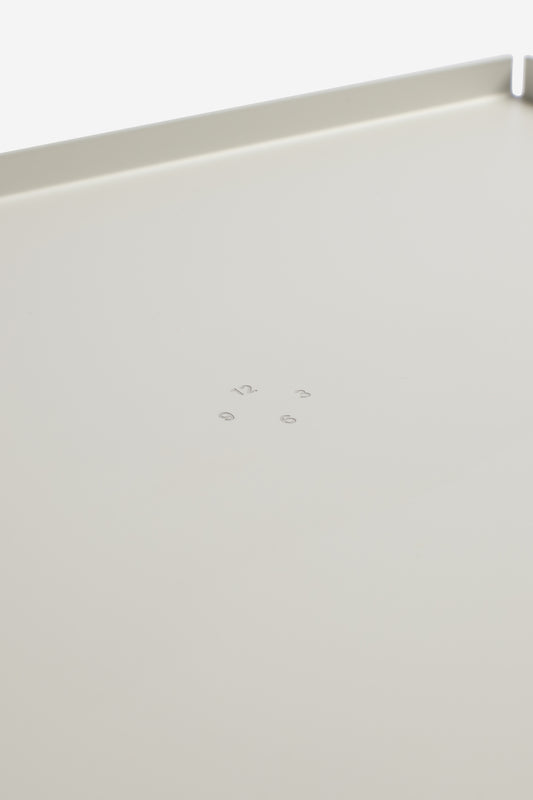 White coated aluminum tray, 34x26cm, with subtle embossed numbers.