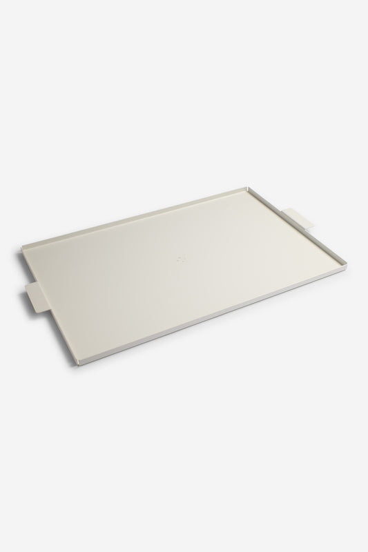 Accessories tray, white coated aluminum, 53x34cm, with subtle handles.