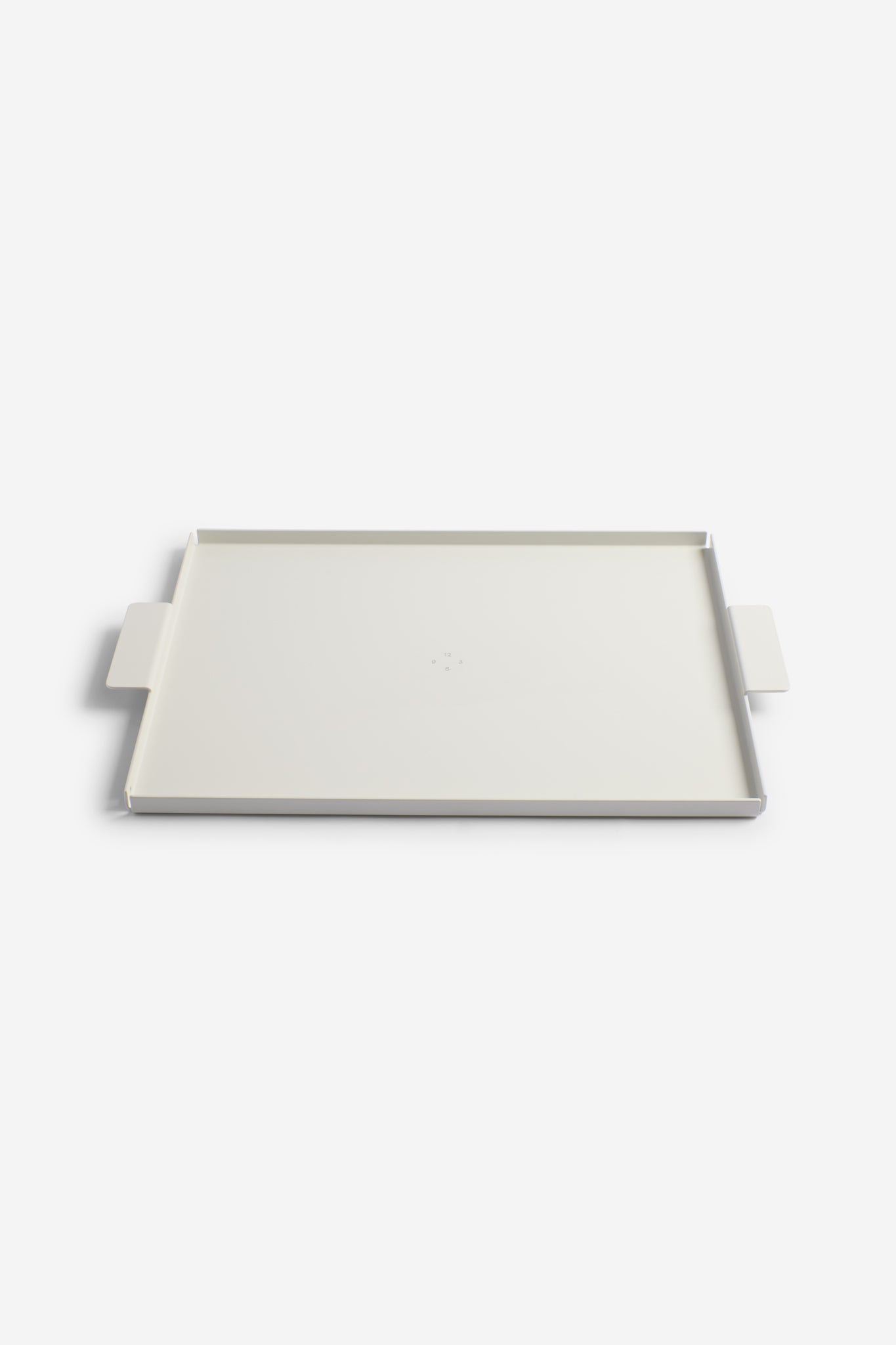 Accessories tray, small, white coated aluminum, 34x26cm, with side handles.
