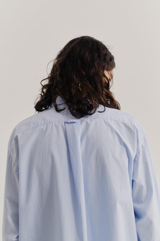 Women's long-sleeved shirt, organic cotton peached poplin, garment washed, light blue, oversized.