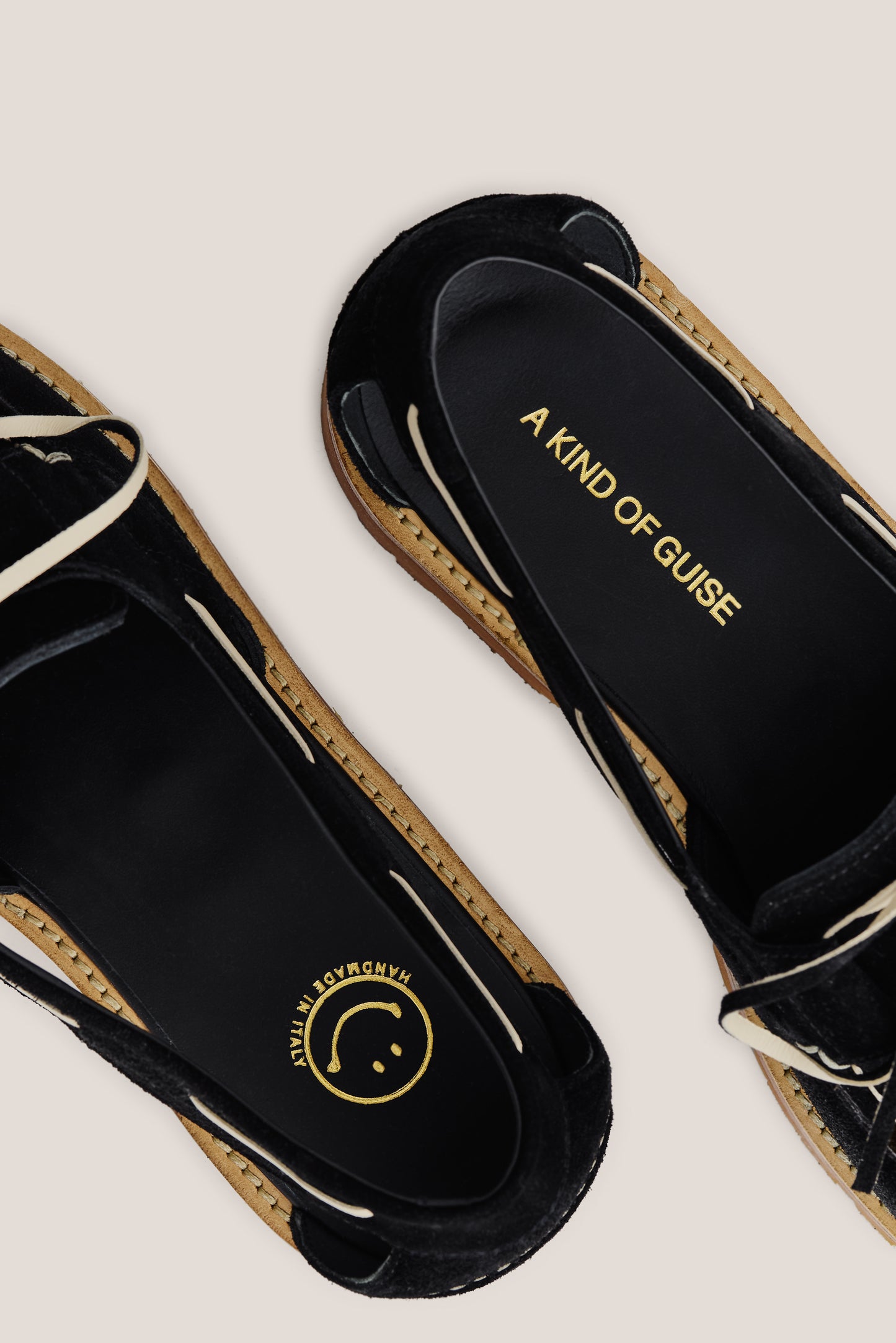 Men's accessories sandals, black Italian vegetal cowhide, boat-style slingback with white laces.