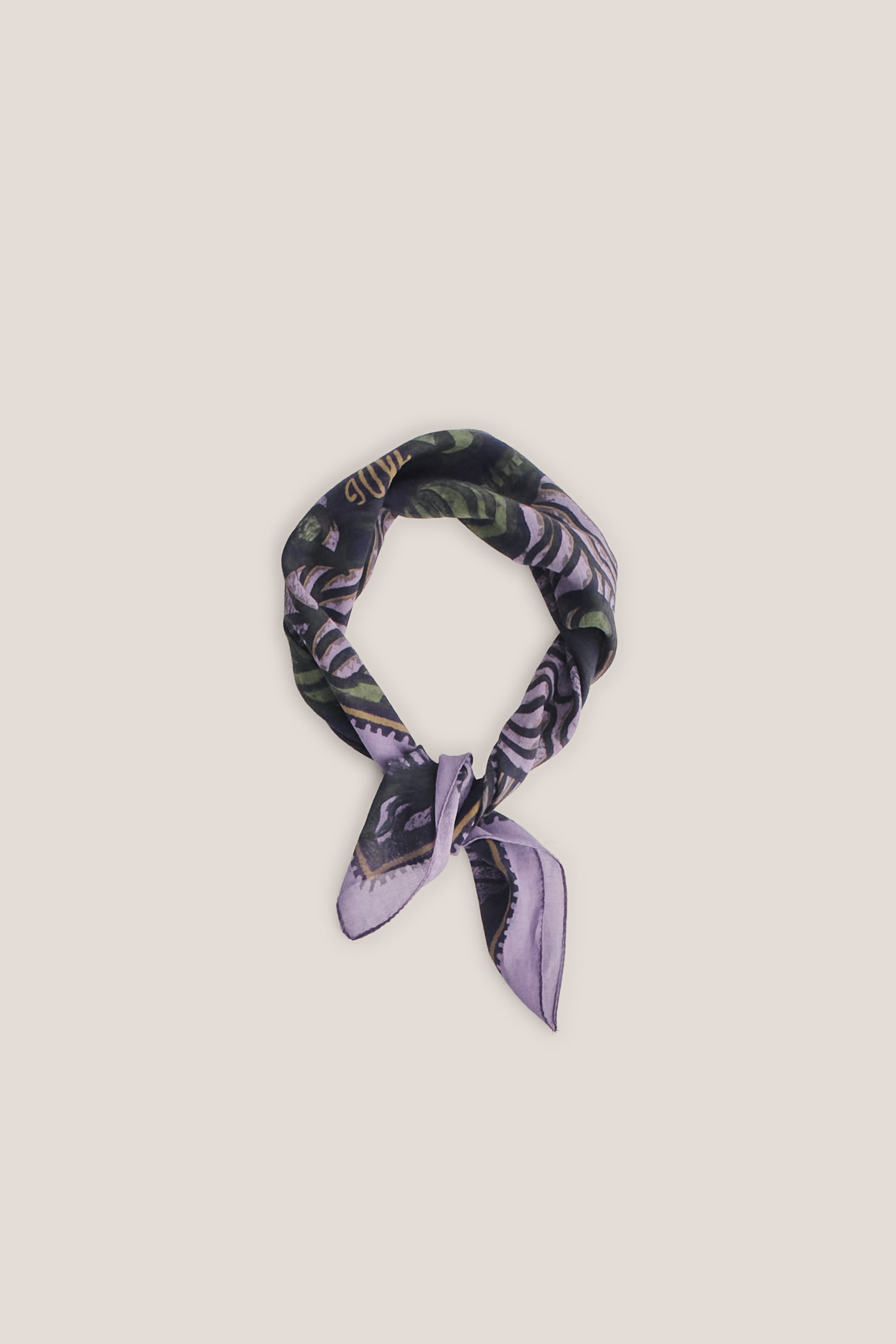 Women's accessories bandana, 100% cotton, dark purple with green and light purple African wildlife print.