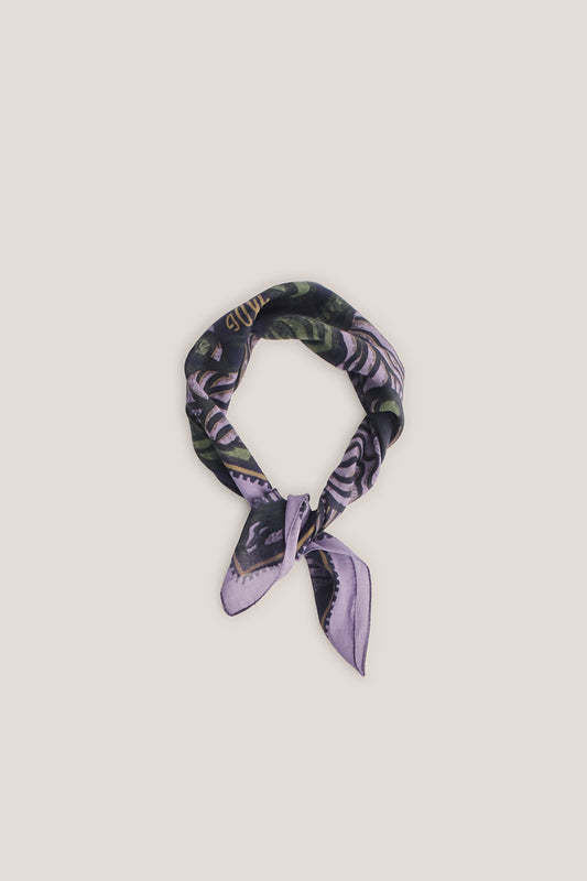 Women's accessories bandana, 100% cotton, dark purple with green and light purple African wildlife print.