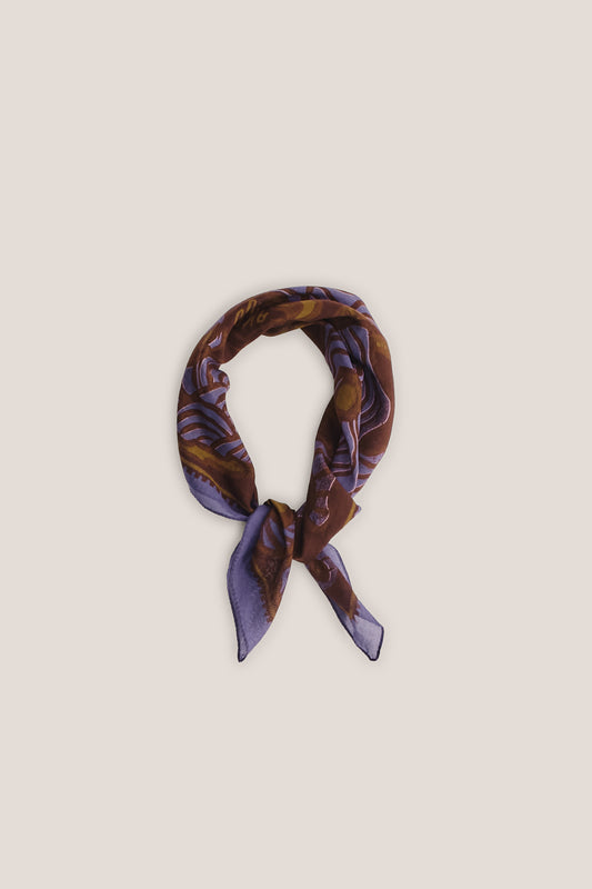 Women's accessories bandana, 100% cotton, brown and purple with African wildlife print.