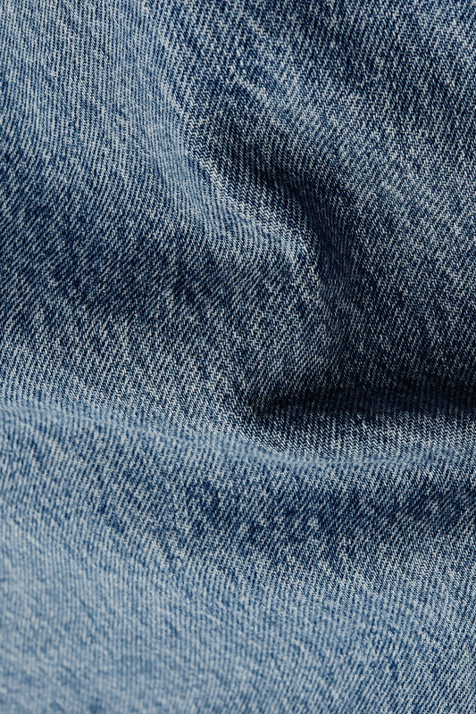 Men's long-pants, Duma Pleated Denim, recycled cotton mix, stone washed, indigo blue.