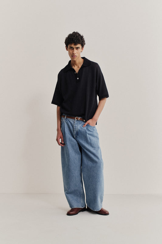 Men's long-pants, Duma Pleated Denim, light blue washed recycled cotton, wide fit, pleated detail.