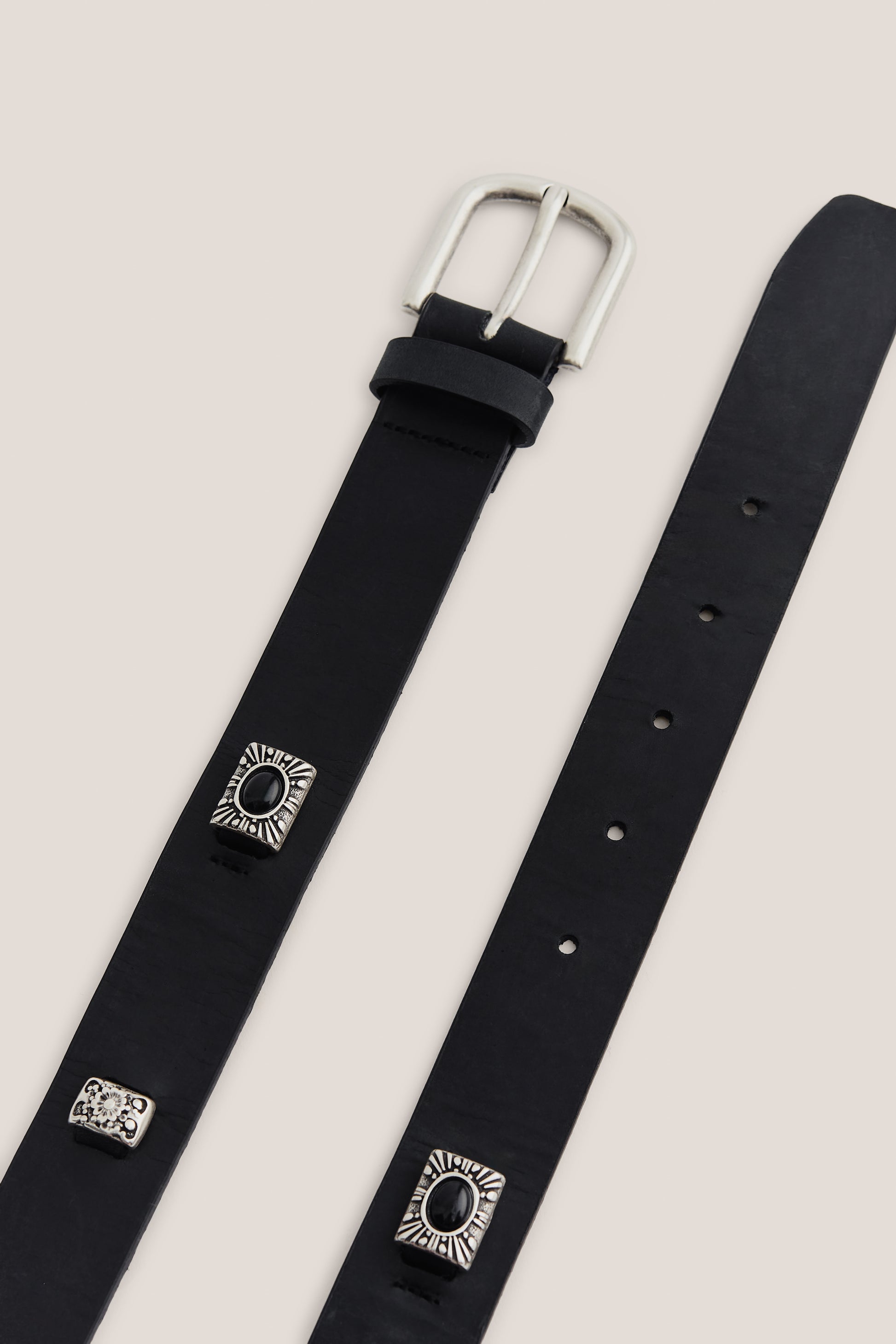 Men's accessories belt, black calf leather with vintage finish and silver-tone studs.