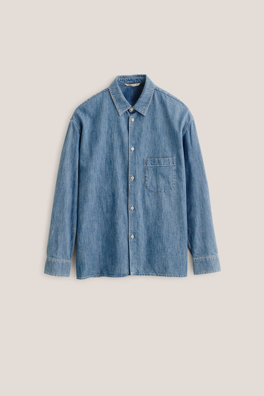 Men's long-sleeved shirt, light blue denim cotton-silk mix, oversized with patch pocket.