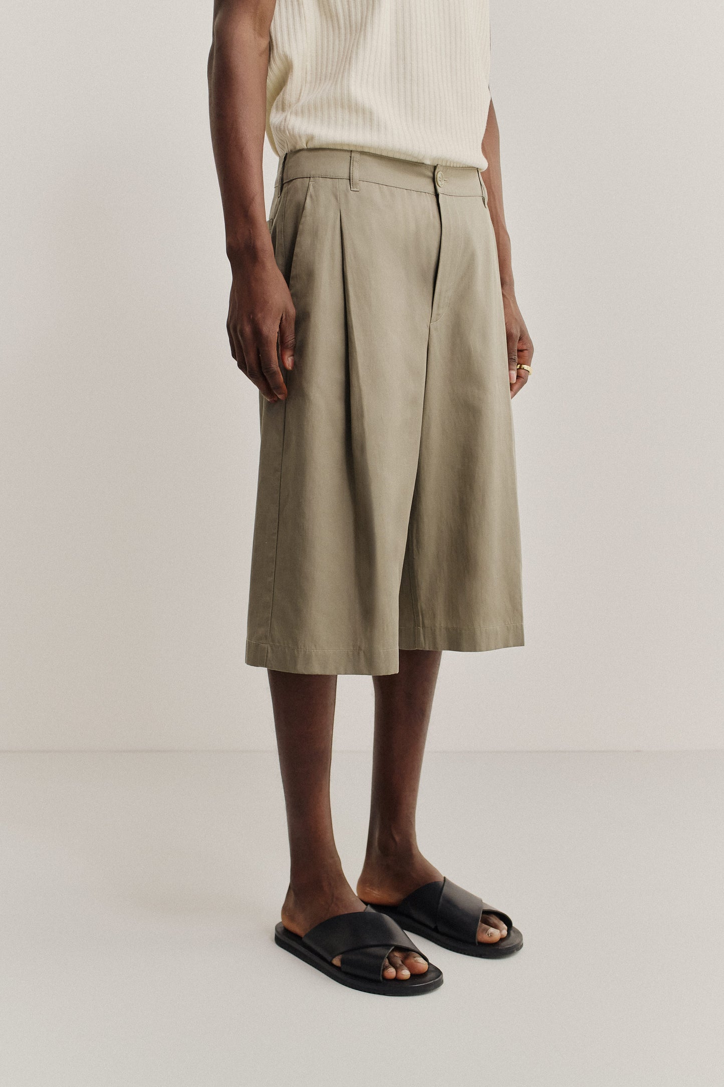 Men's shorts, lyocell-cotton-linen twill, sun-bleached sage, relaxed fit, wide leg, single pleat.
