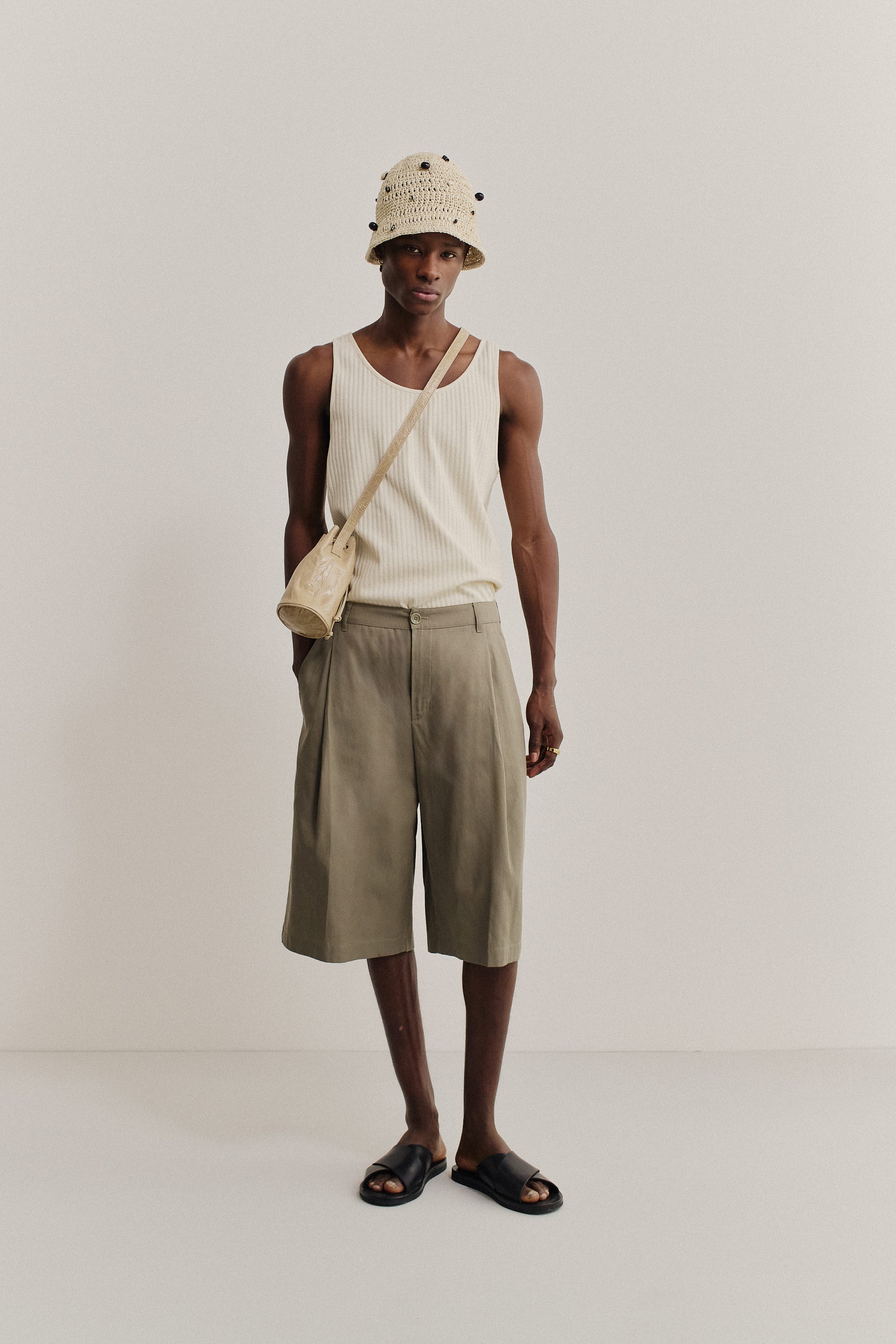 Men's shorts, lyocell-cotton-linen twill, sun-bleached sage, relaxed fit, wide leg, single pleat.