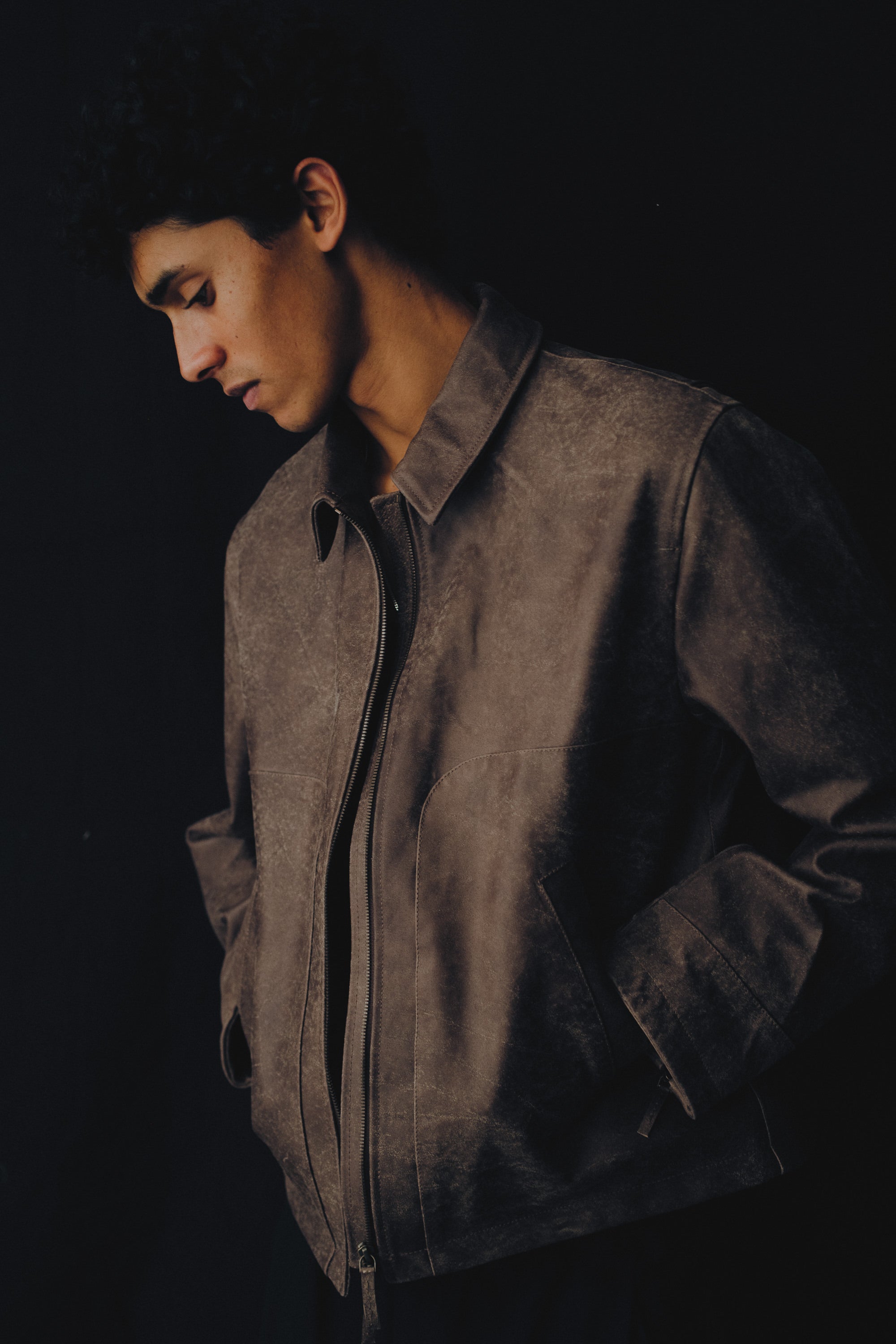 Men's outerwear, cropped Nandi leatherjacket in vintage-finish brown nubuck cow leather.