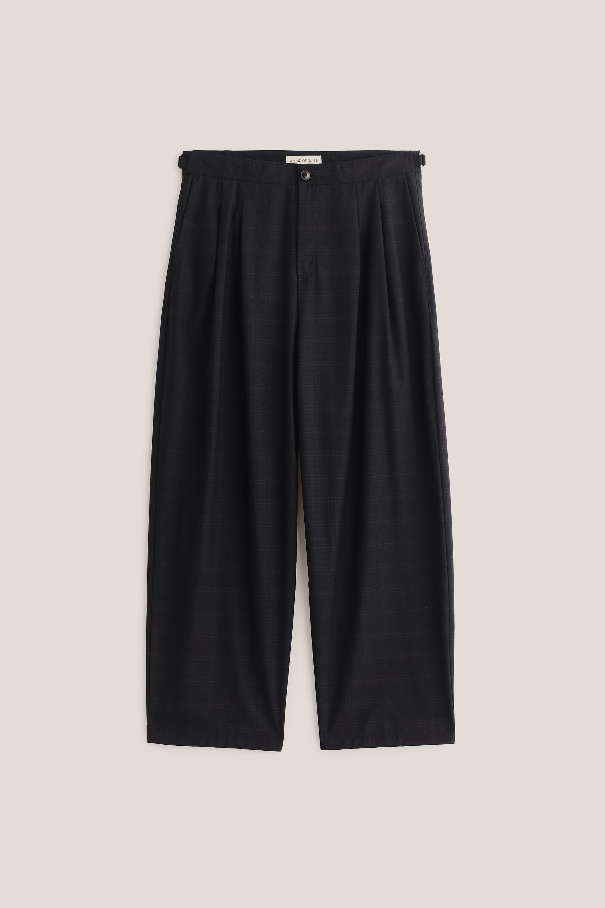 Men's long pants, virgin wool with subtle checkered pattern, dark navy, relaxed fit, wide leg, double pleats.