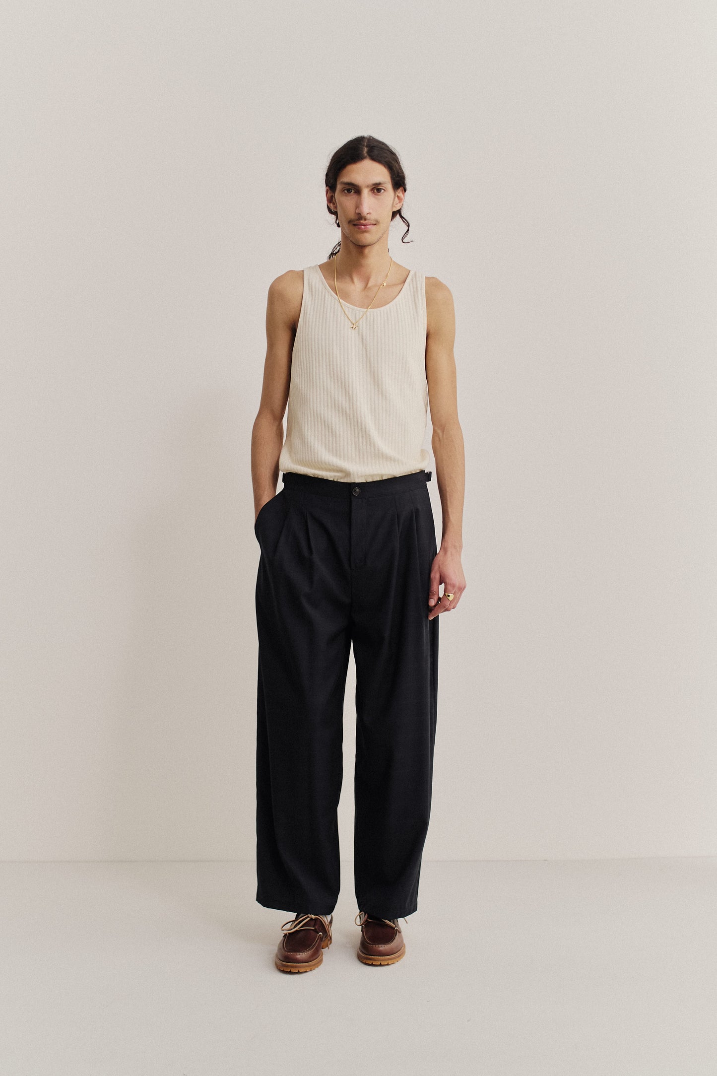 Men's long-pants, 100% virgin wool, subtle checkered, black, relaxed fit, wide leg, double pleats.