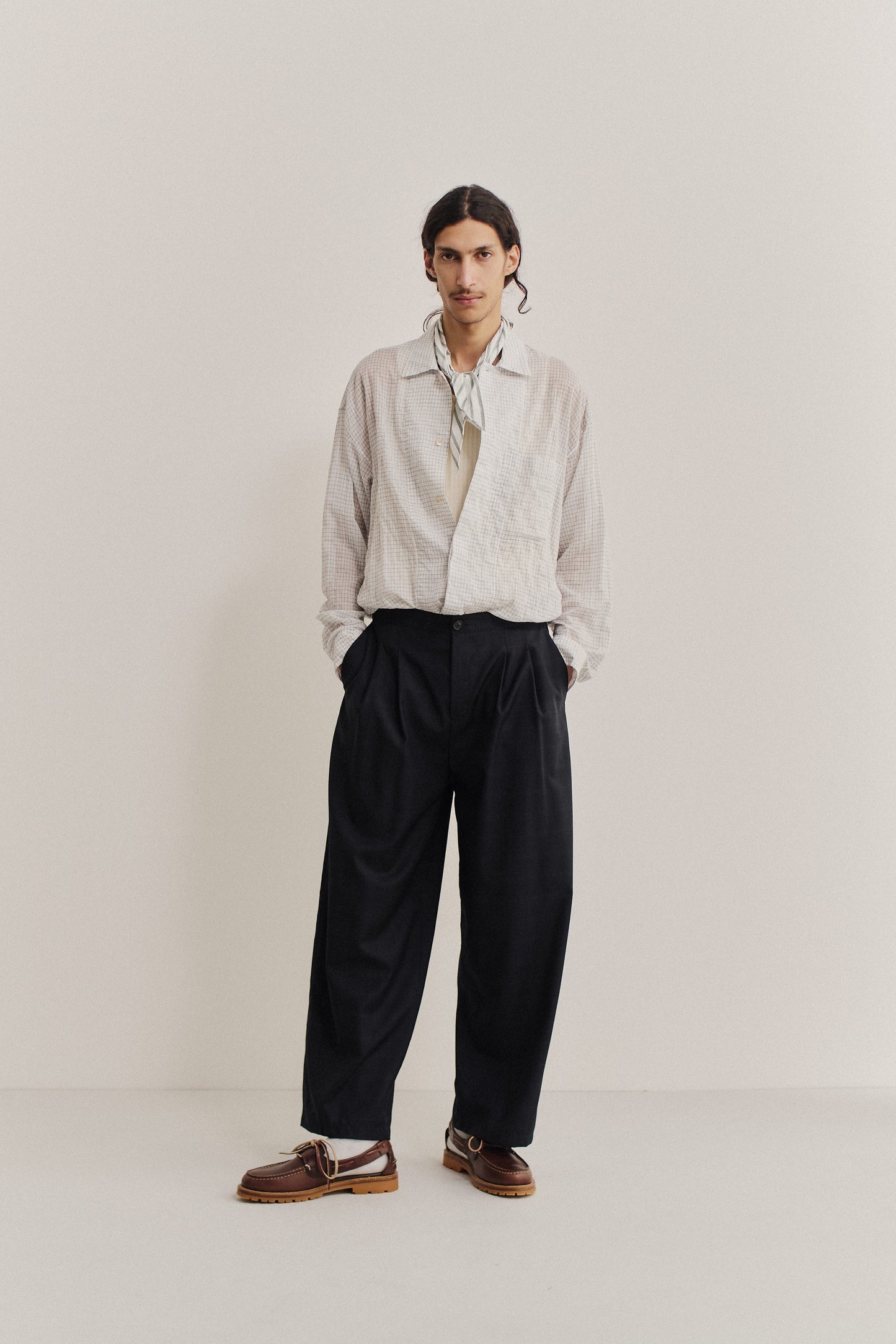 Men's long-pants, virgin wool, subtle checkered pattern, navy, relaxed fit, wide leg, double side pleats.