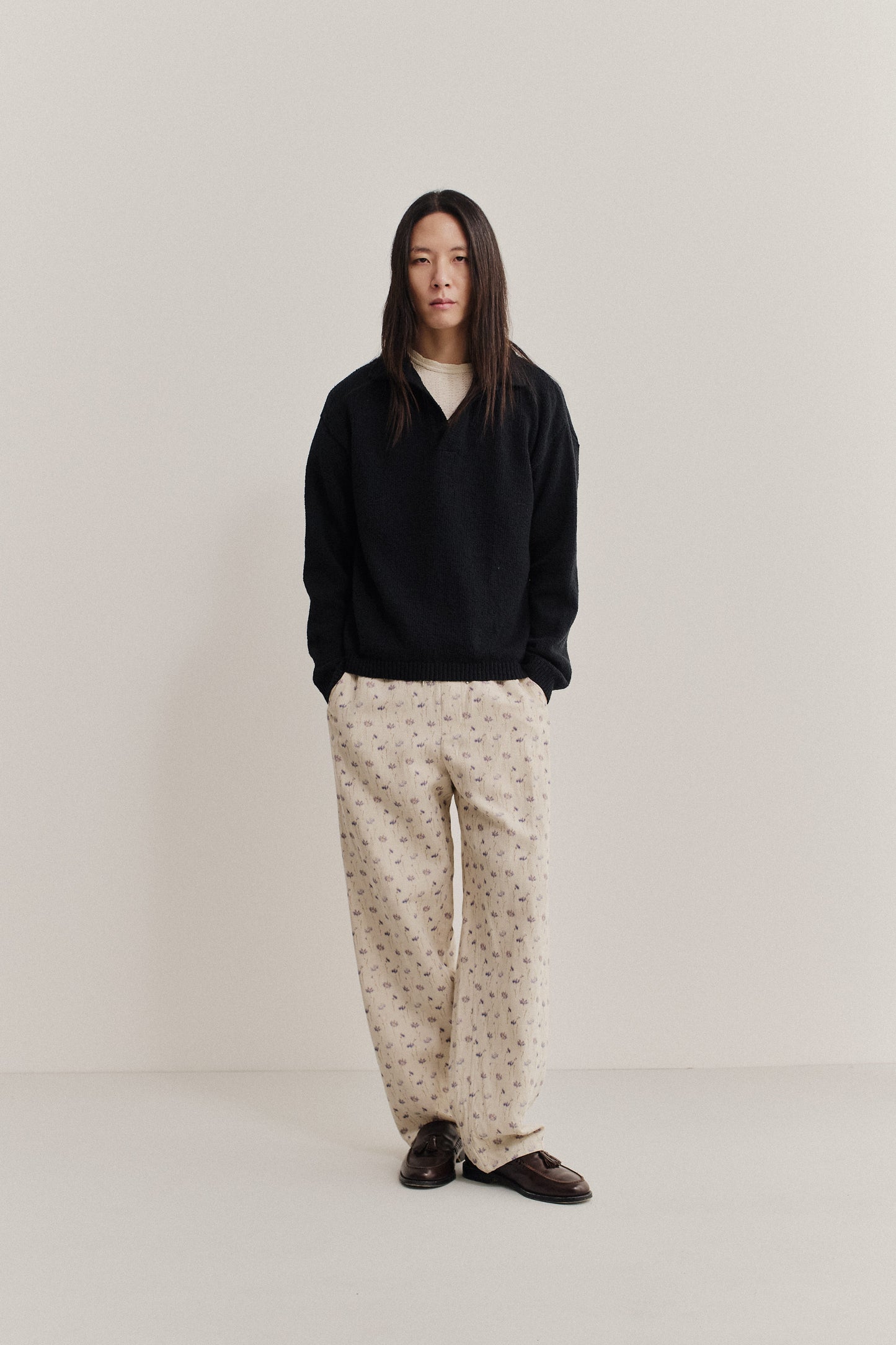 Men's long-pants, cotton-linen blend twill, ecru with subtle floral print, wide straight fit.