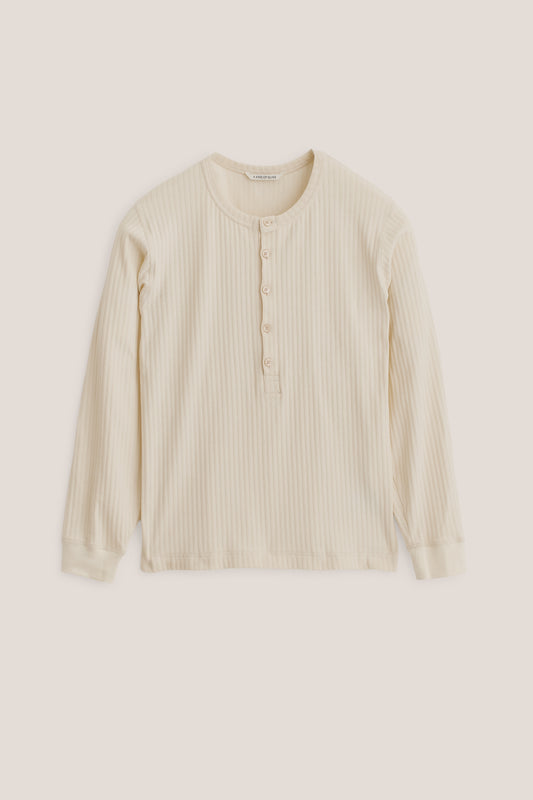 Men's jersey long-sleeved shirt, off-white cotton blend with ribbed texture and button placket.