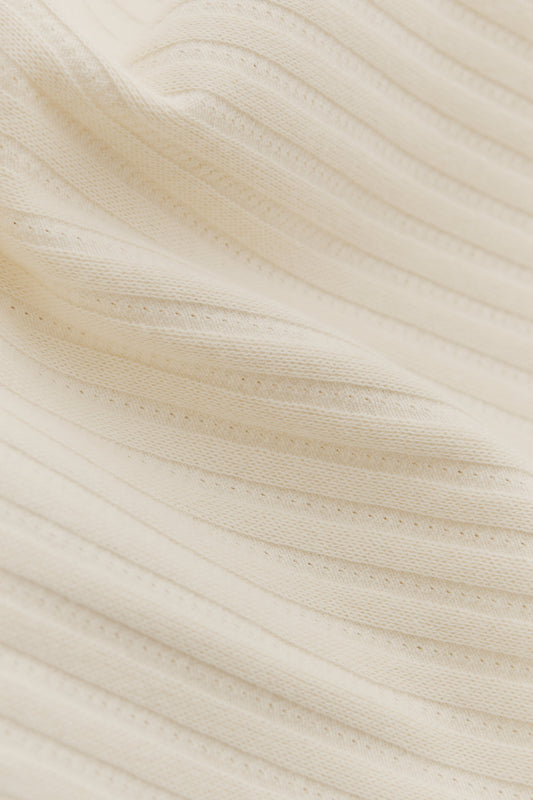 Men's long-sleeved shirt, off-white cotton jersey with rib structure and pointelle detailing.
