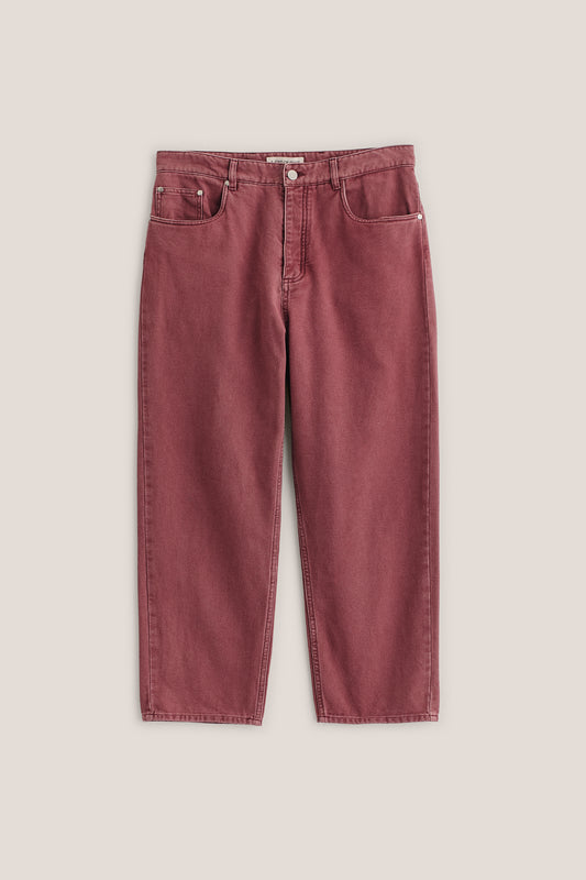 Men's long-pants, organic cotton, stone washed, red Terek Jeans with loose fit and tapered leg.