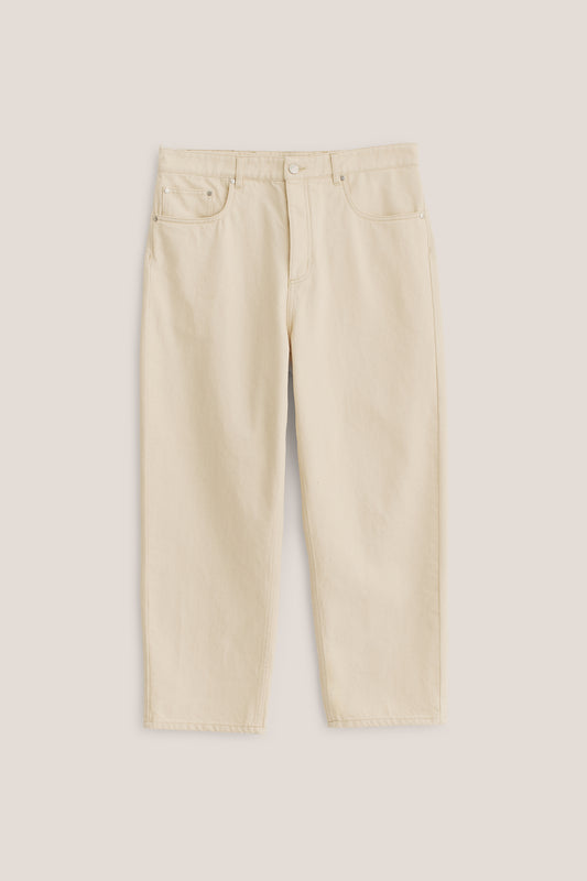 Men's long pants, organic cotton raw denim, pre-washed, off-white, loose fit, tapered leg, cropped length.