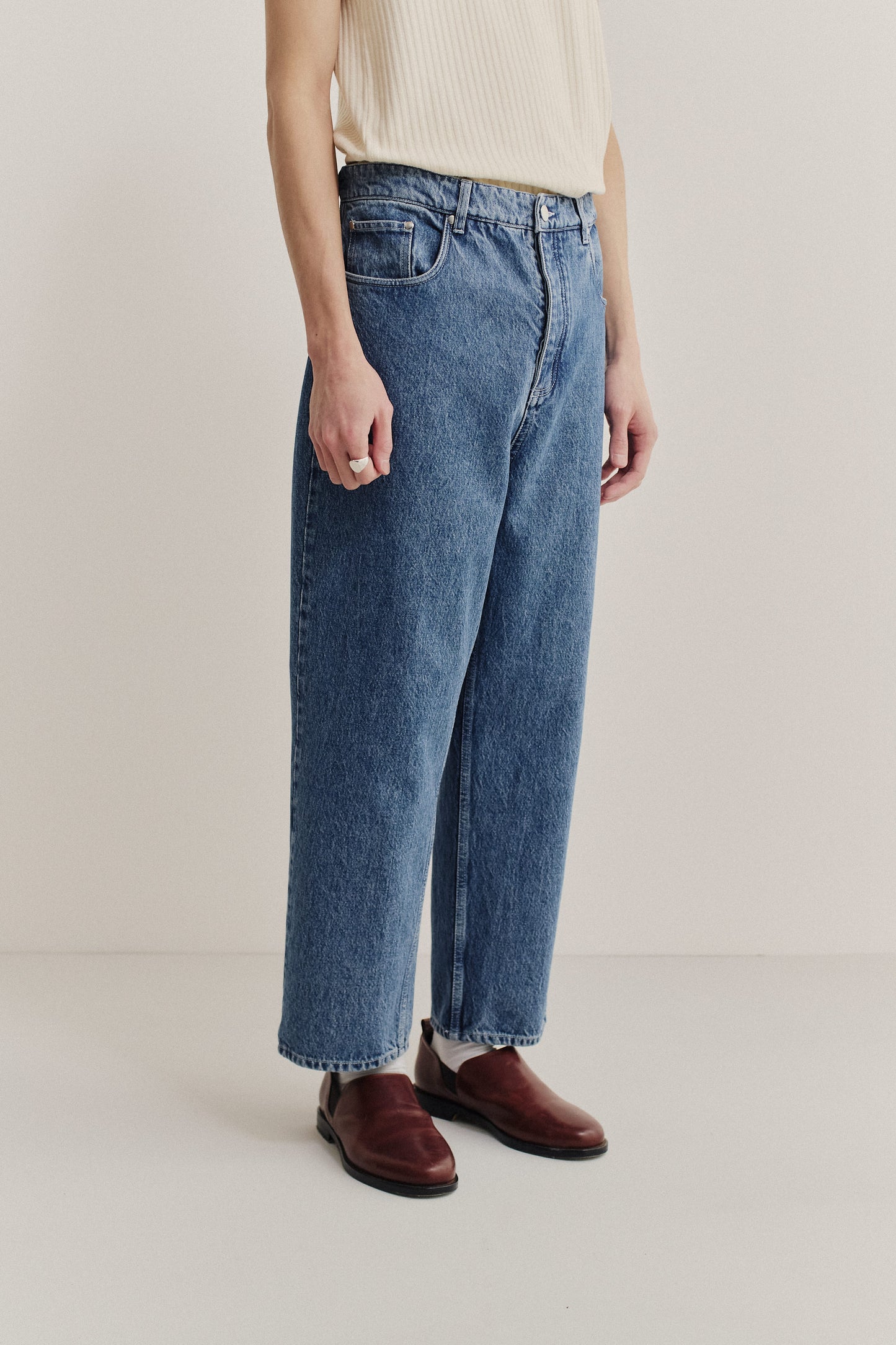 Men's pants, long-pants, cotton mix denim, stone washed, blue.