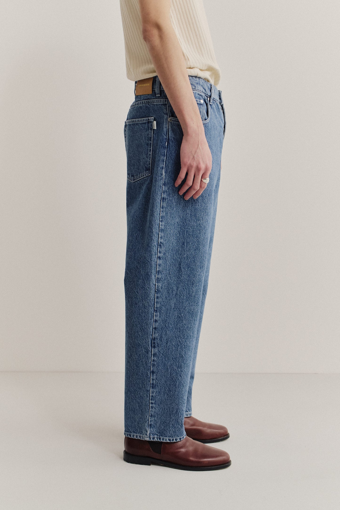 Men's long-pants, cotton mix denim, stone washed, blue.