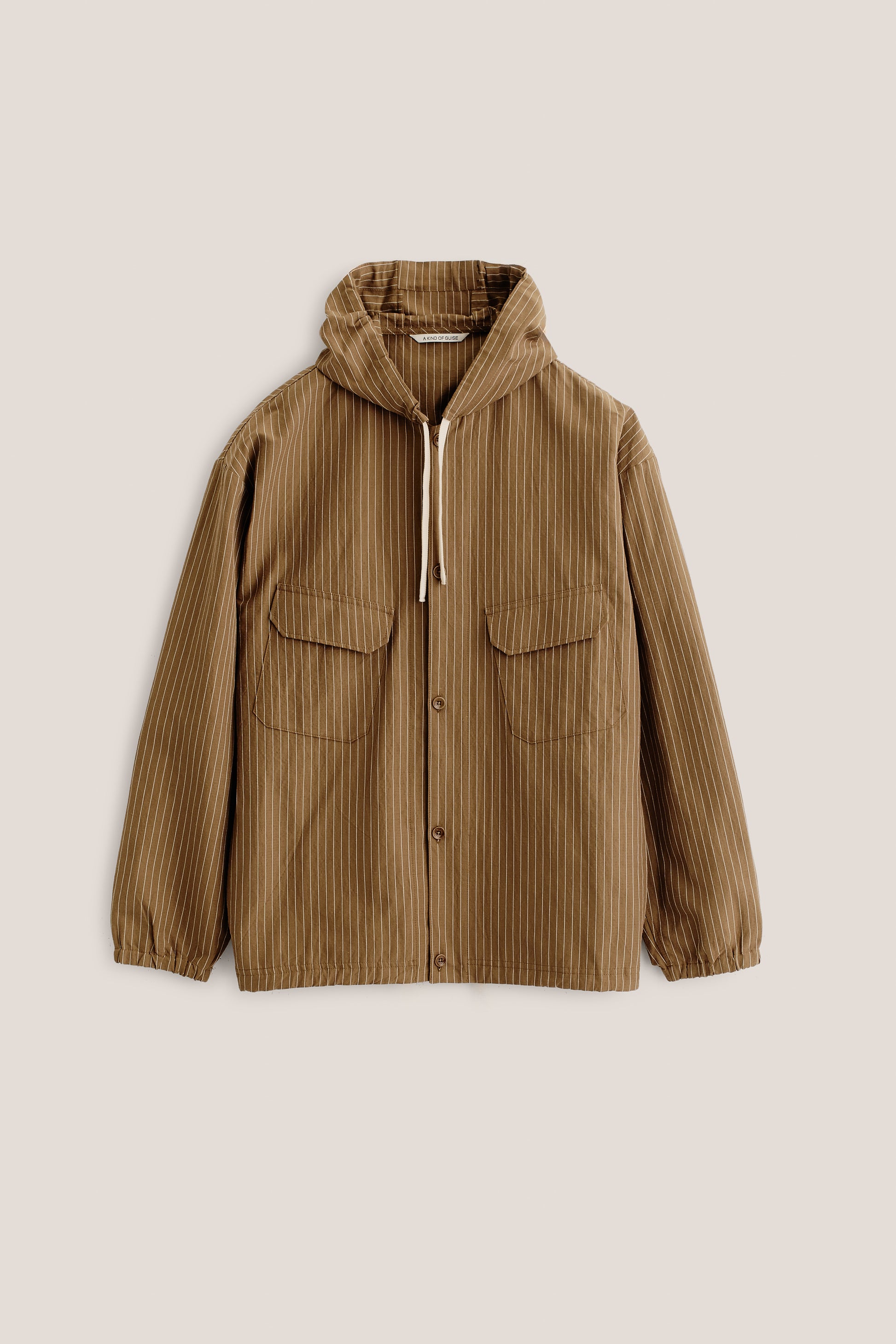 Men's outerwear jacket, cotton-linen seersucker with fine pinstripes, brown, hooded, front pockets.