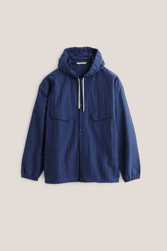 Men's outerwear jacket, cotton-linen seersucker, navy with white pinstripes, hooded, chest pockets.