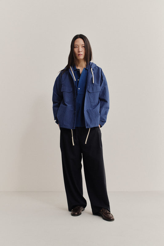 Men's outerwear jacket, cotton-linen seersucker, blue pinstripe, with adjustable hem.