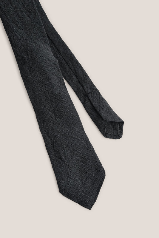 Men's accessories tie, 100% linen, plain weave, vintage-like texture, charcoal.