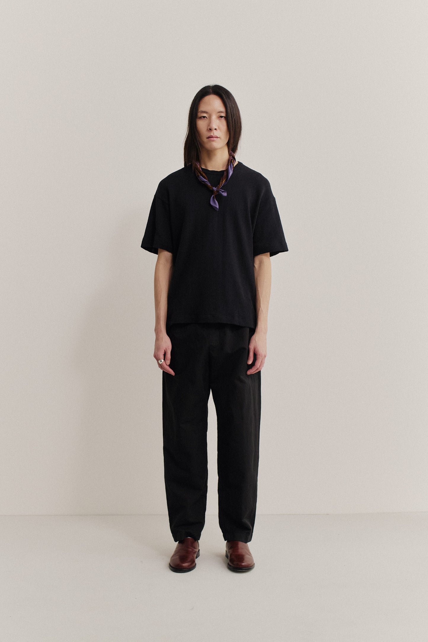 Men's long-pants, linen-cotton blend, garment-dyed black, relaxed fit, tapered cropped leg.