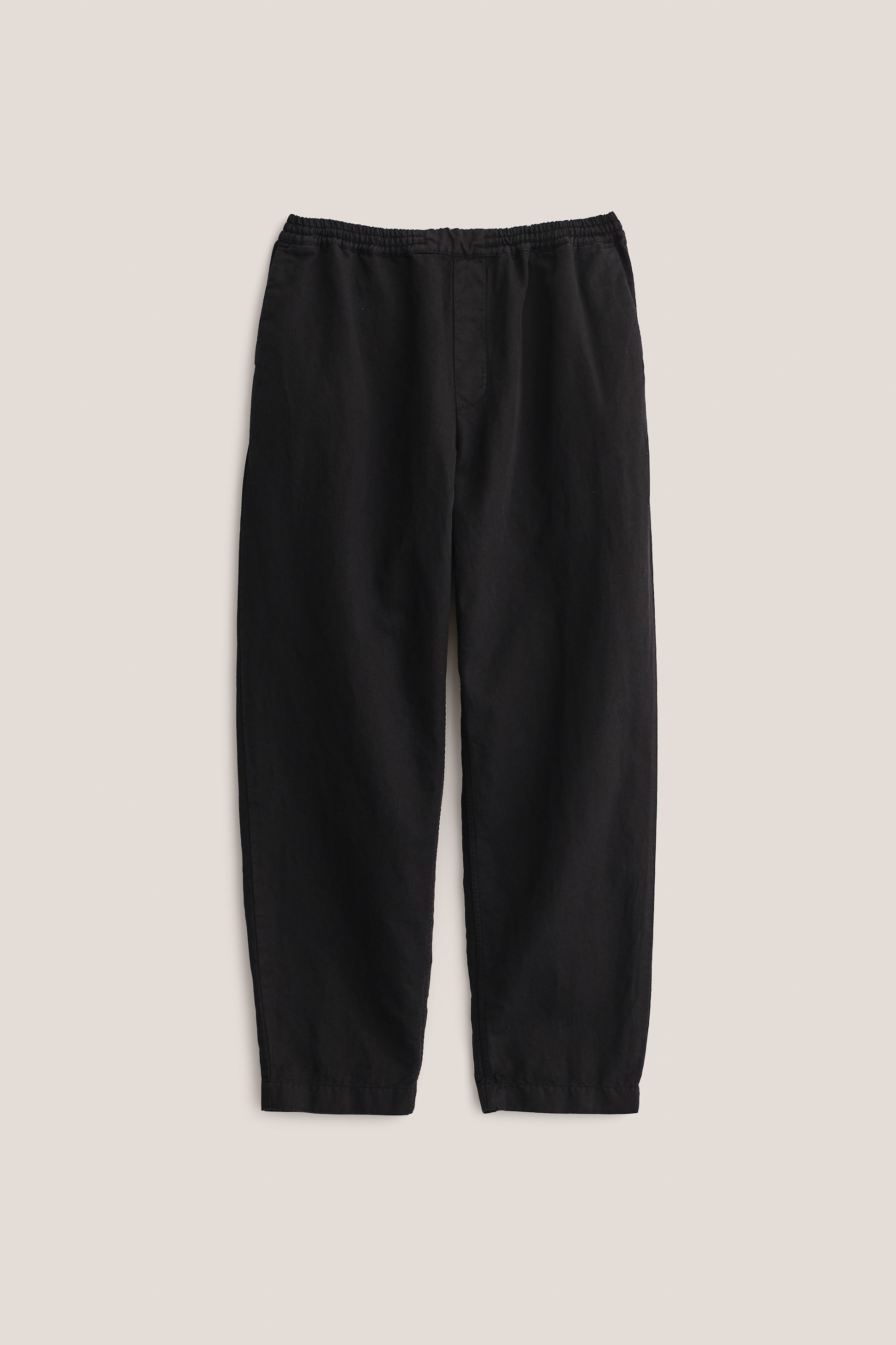 Men's long-pants, linen-cotton blend, garment-dyed black, relaxed fit, elastic waist, cropped leg.