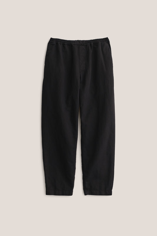 Men's long-pants, linen-cotton blend, garment-dyed black, relaxed fit, elastic waist, cropped leg.