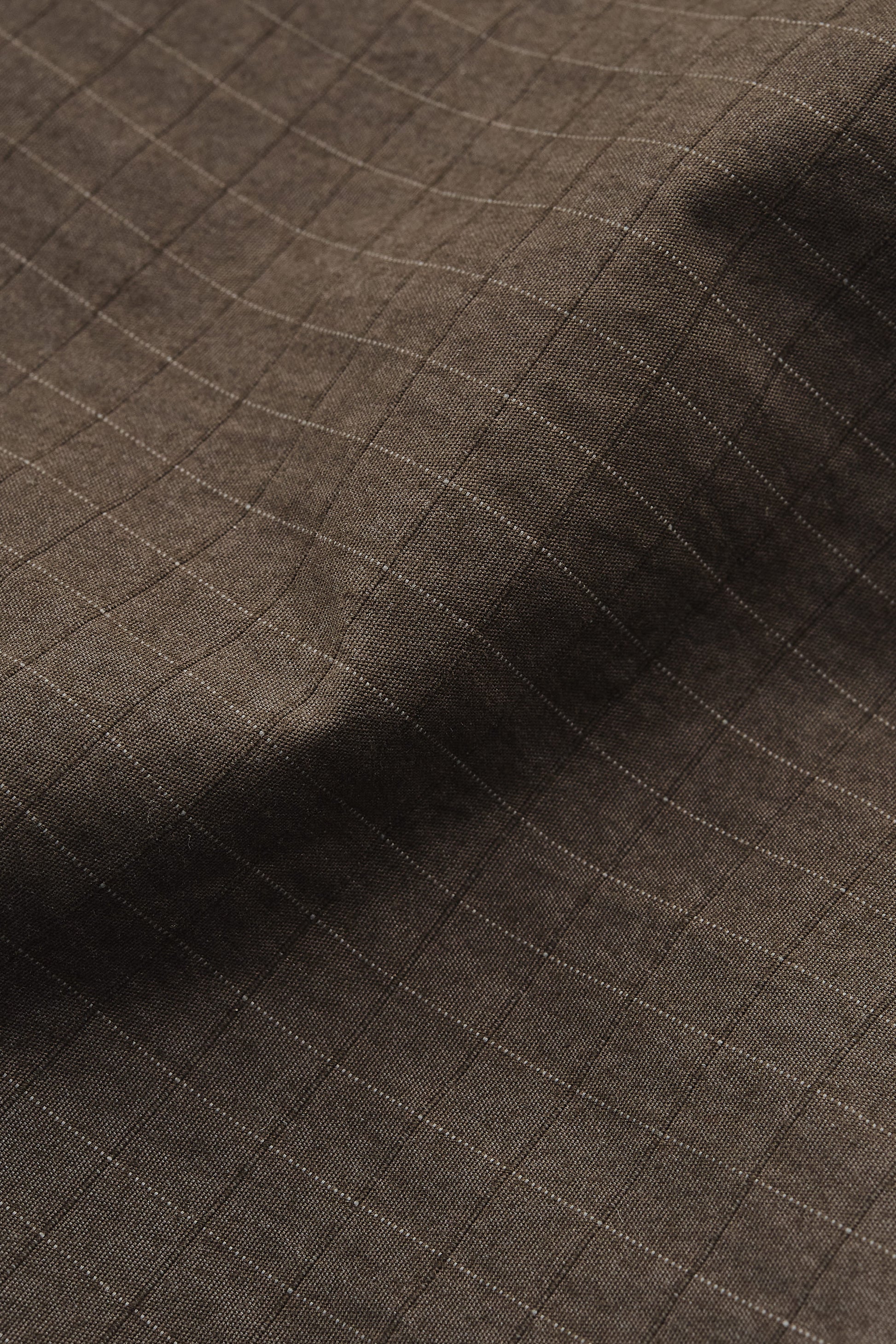 Men's long pants, cotton blend ripstop, dark brown with subtle white windowpane check.