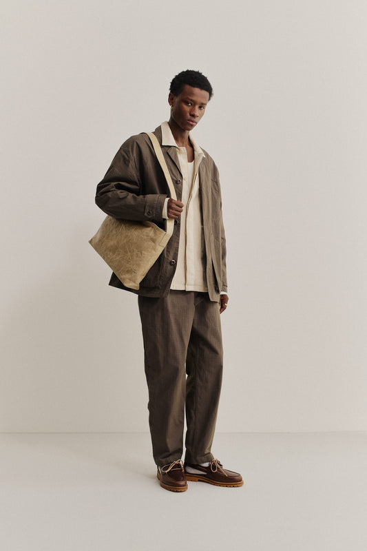 Men's long-pants, cotton blend ripstop, dark brown, relaxed fit, cropped leg.
