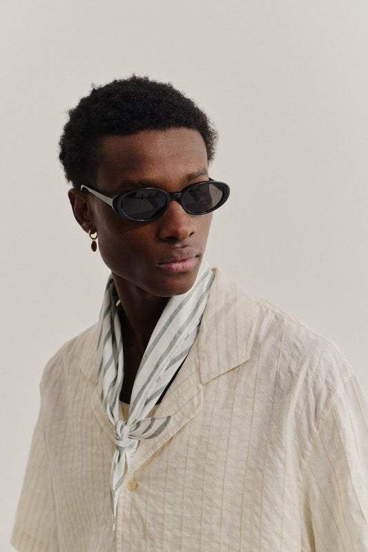 Unisex accessories sunglasses, handcrafted black oval acetate frame, dark grey Carl Zeiss lenses.
