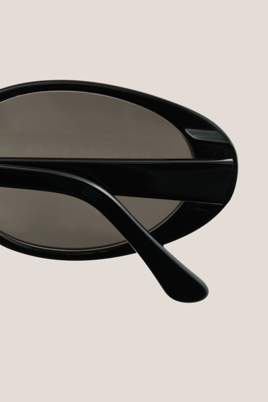Unisex accessories sunglasses, handcrafted black oval acetate frame with dark grey Carl Zeiss lenses.