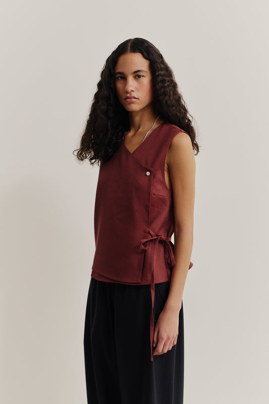 Women's sleeveless shirt, linen-virgin wool-mohair blend, asymmetric wrap front, V-neck, button, side ties, dark red.
