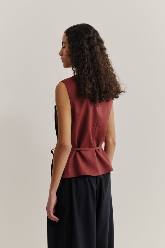 Women's sleeveless wrap shirt in prunelle weave linen-virgin wool-mohair blend, terracotta, with adjustable side ties.