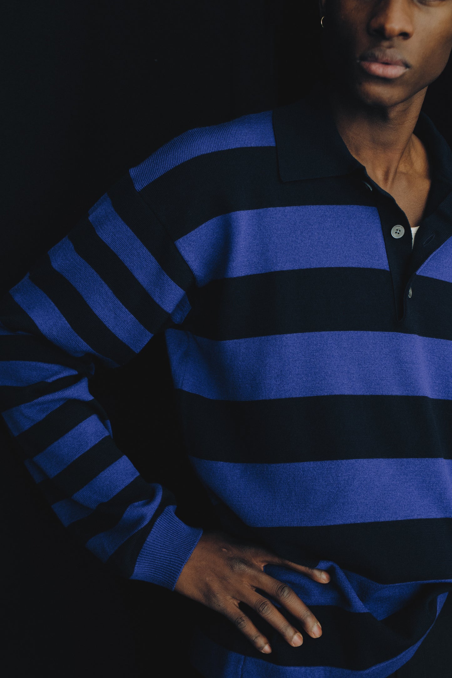 Men's knit long-sleeved polo shirt, 100% fine merino wool, navy and purple striped.