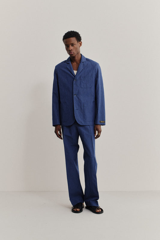 Men's tailoring, cotton-linen seersucker, ocean stripe Deconstructed Atelier Blazer with rounded lapel and patch pockets.