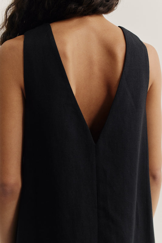 Women's dress, Diani, black worsted wool and linen blend, deep V-neck back, oversized silhouette.