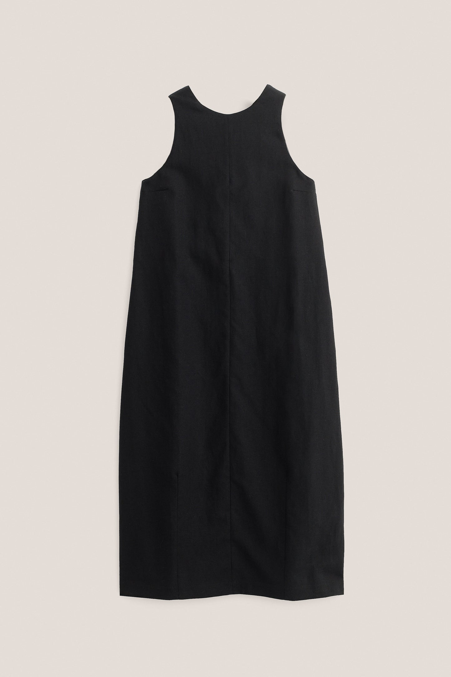 Women's dress, black worsted wool and linen blend, O-shaped silhouette, round neckline, deep V-back, darts at hem.