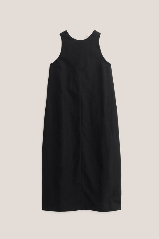 Women's dress, black worsted wool and linen blend, O-shaped silhouette, round neckline, deep V-back, darts at hem.