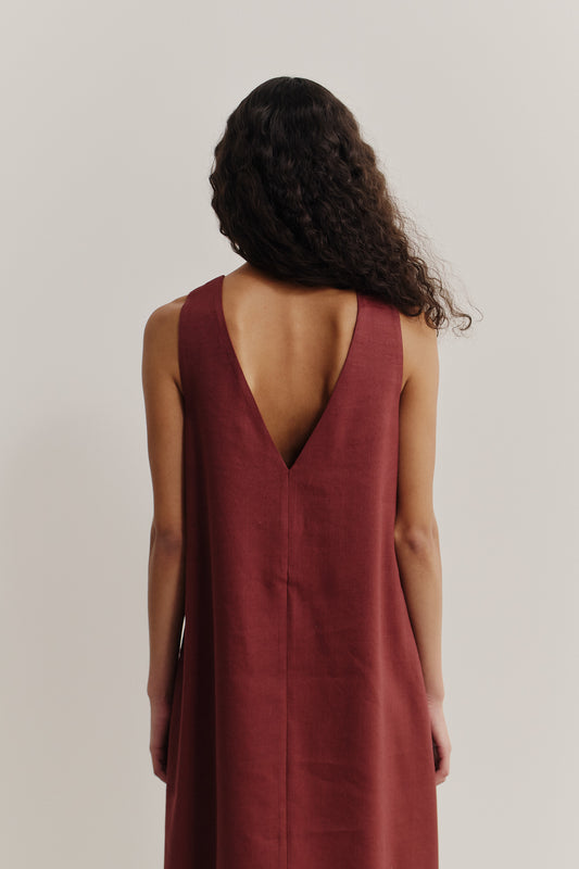 Women's dress, Diani, linen-wool-mohair blend, prunelle weave, deep V-neck back, terracotta.