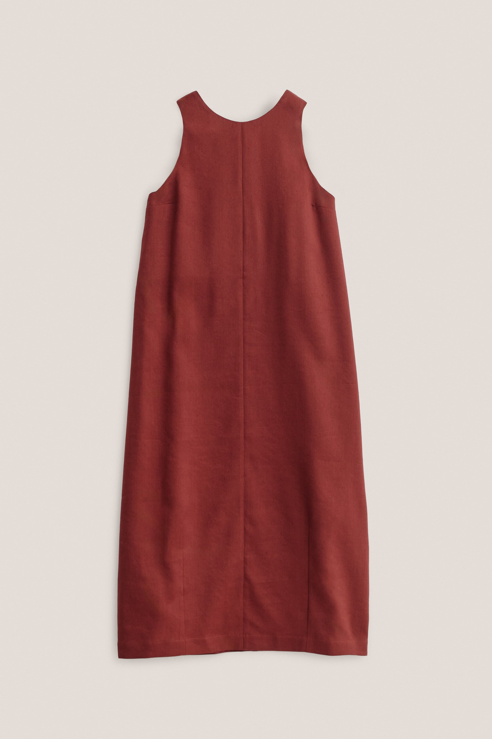 Women's dress, linen-virgin wool-mohair blend, prunelle weave, brick red, O-shaped silhouette, round neck.