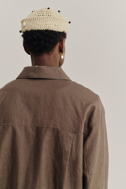 Men's outerwear jacket, 100% linen, natural brown, with a boxy silhouette and elasticated waist.