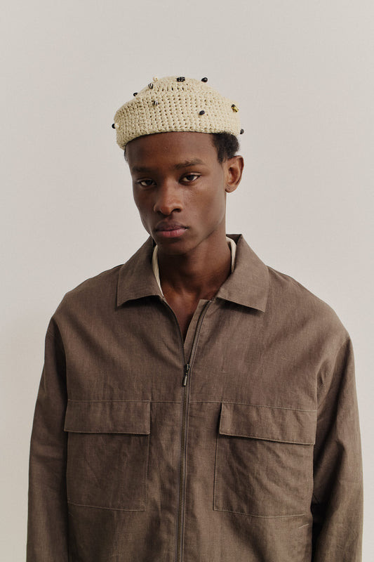 Men's outerwear, Embu jacket, 100% linen, soft coated, natural brown, with flap chest pockets and front zip.